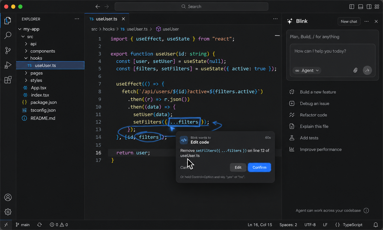 Blink highlighting code and asking for confirmation before editing it in a developer workspace
